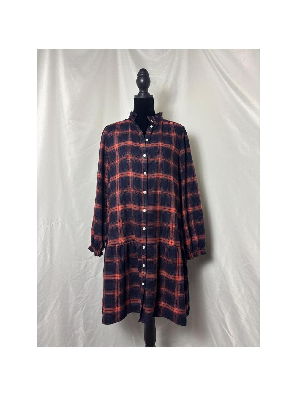 LOFT Navy Orange Plaid Ruffle Collar Tiered Button Down Shirt Dress Small